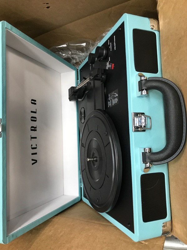 Photo 2 of Victrola Vintage 3-Speed Bluetooth Portable Suitcase Record Player with Built-in Speakers | Upgraded Turntable Audio Sound| Includes Extra Stylus | Turquoise, Model Number: VSC-550BT