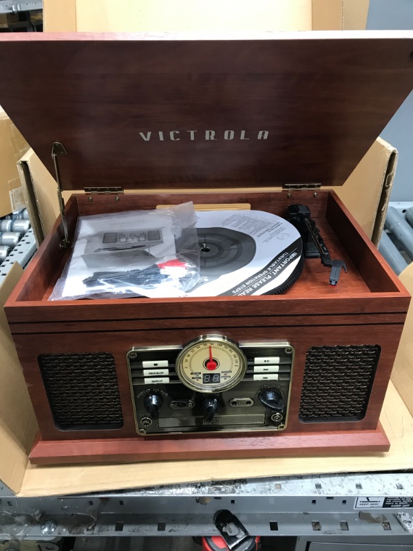 Photo 1 of Victrola Nostalgic 6-in-1 Bluetooth Record Player & Multimedia Center with Built-in Speakers - 3-Speed Turntable, CD & Cassette Player, FM Radio | Wireless Music Streaming | Mahogany Mahogany Entertainment Center