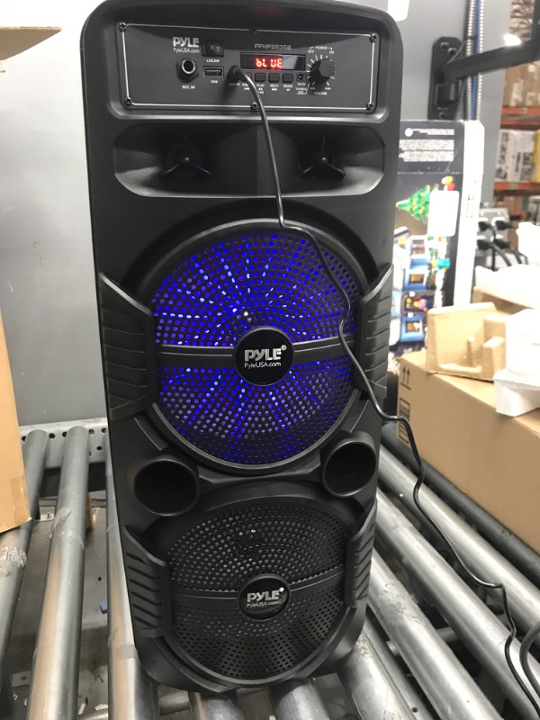 Photo 2 of Pyle Portable Bluetooth PA Speaker System - 600W Rechargeable Outdoor Bluetooth Speaker Portable PA System w/ Dual 8” Subwoofer 1” Tweeter, Microphone In, Party Lights, USB, Radio, Remote - PPHP2835B