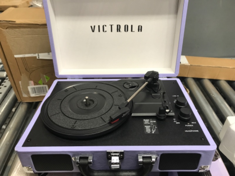 Photo 2 of Victrola Vintage 3-Speed Bluetooth Portable Suitcase Record Player with Built-in Speakers | Upgraded Turntable Audio Sound | Lavender (VSC-550BT-LVG) Lavender/Silver Record Player