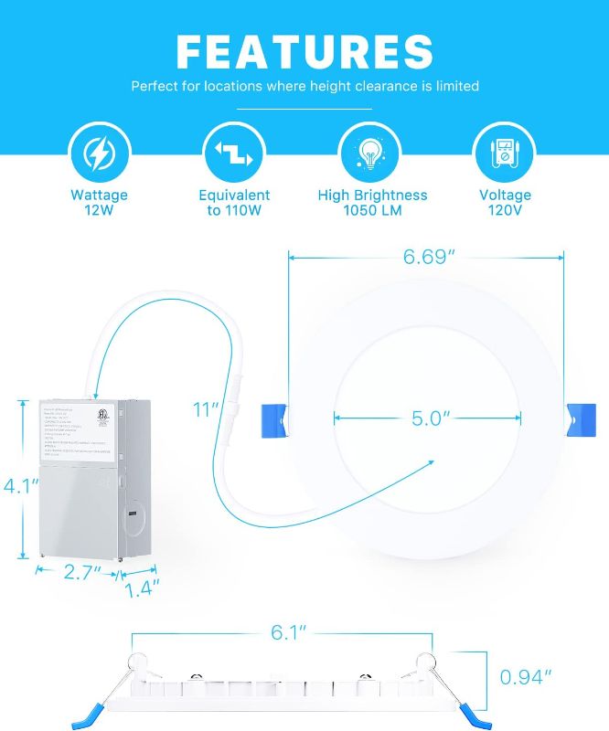 Photo 6 of 12 Pack 6 Inch Ultra-Thin LED Recessed Light with Junction Box, 2700K/3000K/3500K/4000K/5000K Selectable, 12W 110W Eqv, Dimmable, 1050LM High Brightness - ETL and Energy Star Certified