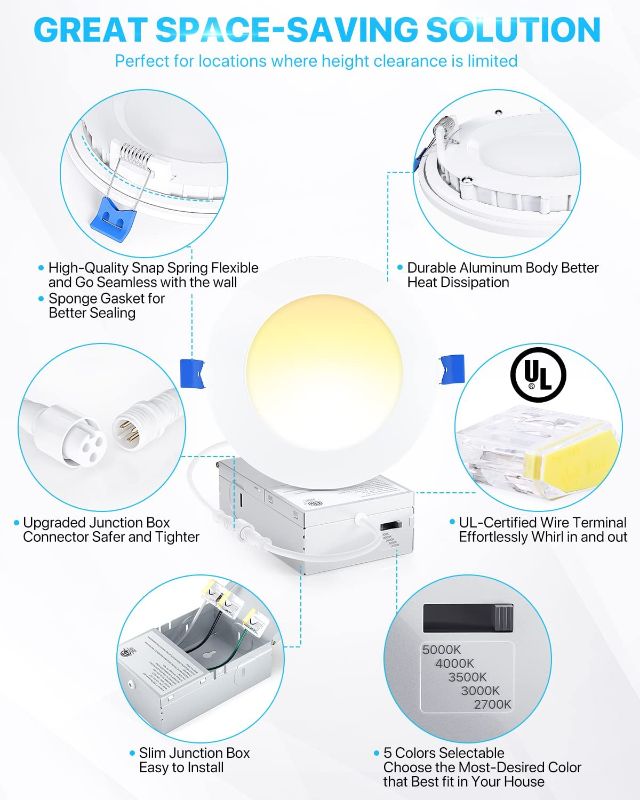 Photo 3 of 12 Pack 6 Inch Ultra-Thin LED Recessed Light with Junction Box, 2700K/3000K/3500K/4000K/5000K Selectable, 12W 110W Eqv, Dimmable, 1050LM High Brightness - ETL and Energy Star Certified