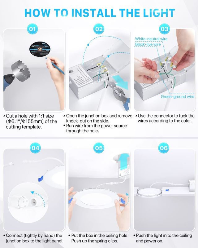 Photo 4 of 12 Pack 6 Inch Ultra-Thin LED Recessed Light with Junction Box, 2700K/3000K/3500K/4000K/5000K Selectable, 12W 110W Eqv, Dimmable, 1050LM High Brightness - ETL and Energy Star Certified