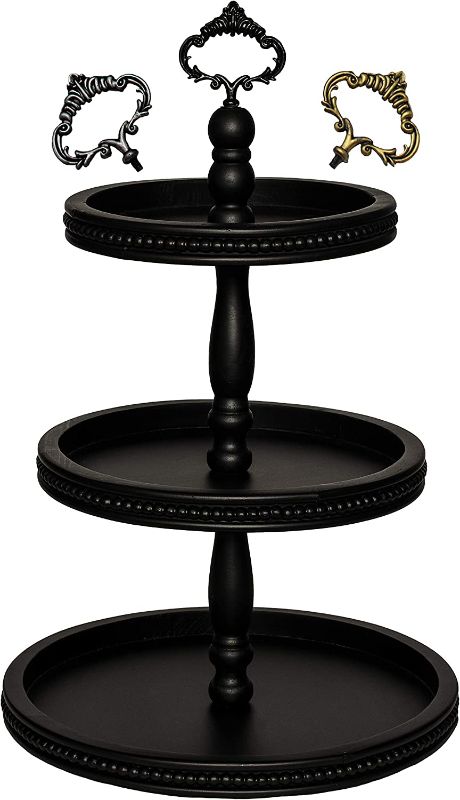 Photo 1 of 3 Tiered Tray Wooden Serving Stand by Felt Creative Home Goods. Large Beaded Tray for Home Decor Display Farmhouse Country Decoration Kitchen or Dining. Includes 3 Finial Custom Handles (Black