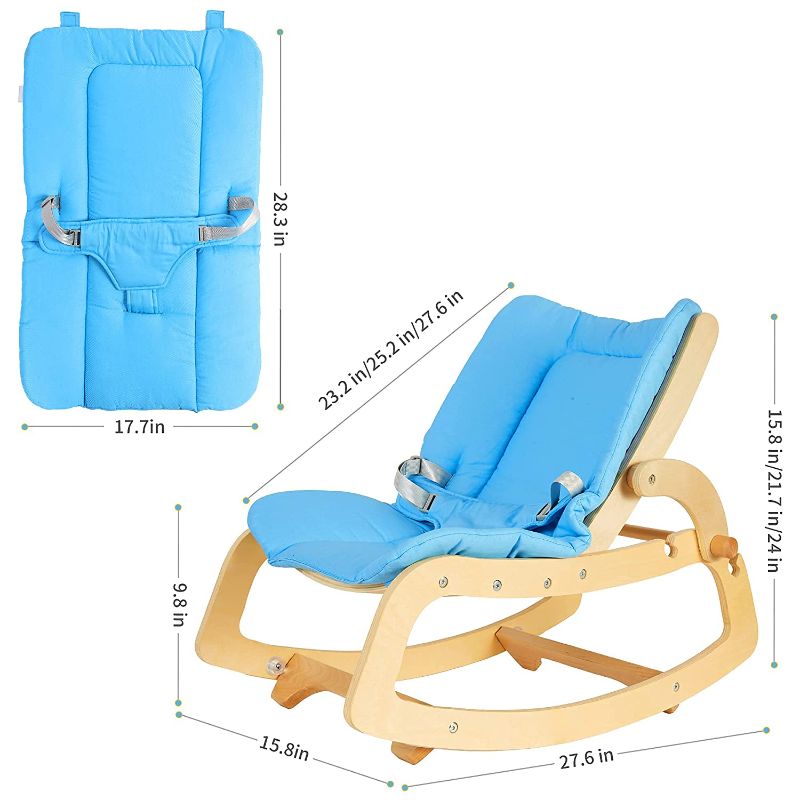 Photo 2 of *use second photo for dimensions*
MallBest 3-in-1 Baby Bouncer Adjustable Wooden Rocker Chair Recliner with Removable Cushion and Seat Belt for Infant to Toddler (Beige) 