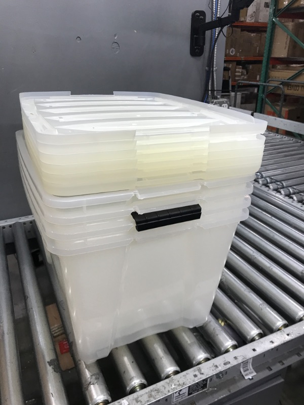 Photo 2 of (Damage) IRIS USA 53 Qt. Plastic Storage Bin Tote Organizing Container with Durable Lid and Secure Latching Buckles, Stackable and Nestable, 6 Pack, clear with Black Buckle f) 53 Qt. - 6 Pack