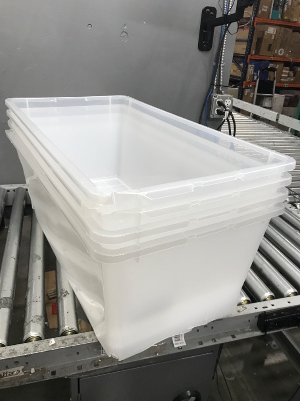 Photo 3 of (Major Damage) IRIS USA 91 Quart Large Storage Bin Utility Tote Organizing Container Box with Buckle Down Lid for Clothes Storage, 4 Pack, Clear, Clear/Black (500184) h) 91 Qt. - 4 Pack