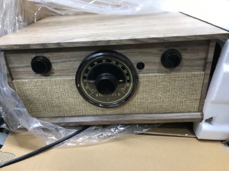 Photo 3 of Victrola 4-in-1 Cambridge Farmhouse Modern Bluetooth Turntable with FM Radio, Farmhouse Oatmeal