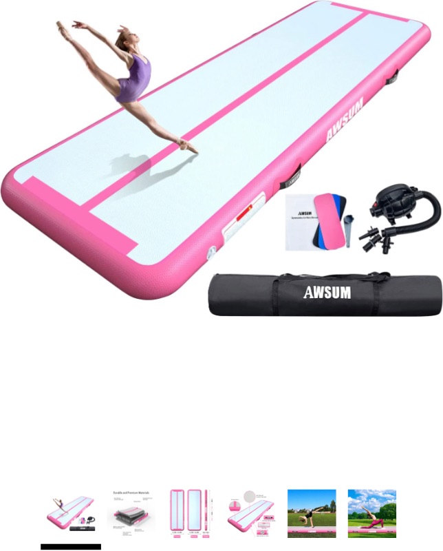 Photo 1 of AWSUM Inflatable Air Gymnastics Mat 10ft/13ft/16ft/20ft/23ft Training mat 4/8 inches Thick tumbling mat with Electric Pump for Home/Gym/Outdoor