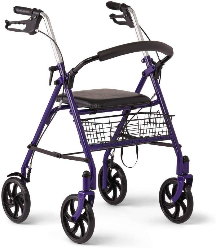 Photo 1 of Medline Steel Rollator With 8 Inch Wheels, Folding Rolling Walker, Adjustable Arms, Supports 300 Lbs, Blue
