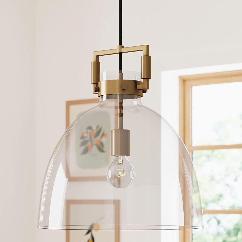 Photo 1 of Nathan James Leigh Pendant Lighting, Black Hanging Ceiling Light with Oversized Glass Shade and Adjustable Cord, for Kitchen Island or Entryway, Matte Black/Clear
