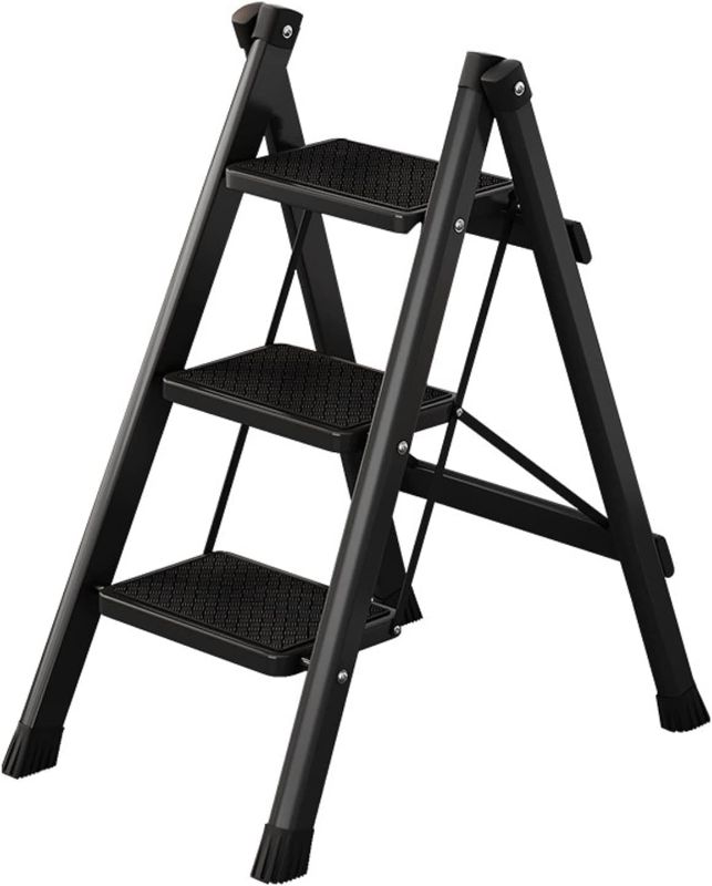 Photo 1 of 3 Step Ladder Folding Step Stool with Anti-Slip Sturdy and Wide Pedal, Aluminum Portable Lightweight Ladder Shelf Multi-Use for Home and Kitchen (Black)
