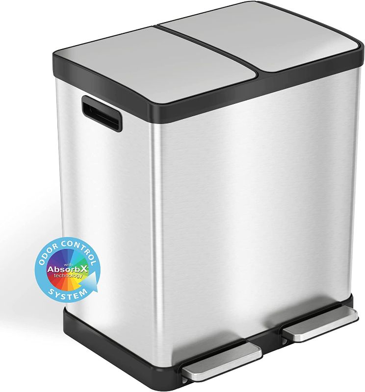 Photo 1 of 16 Gallon Kitchen Step Trash Can & Recycle Bin with Double Odor Filters and Removable Color-Coded Buckes