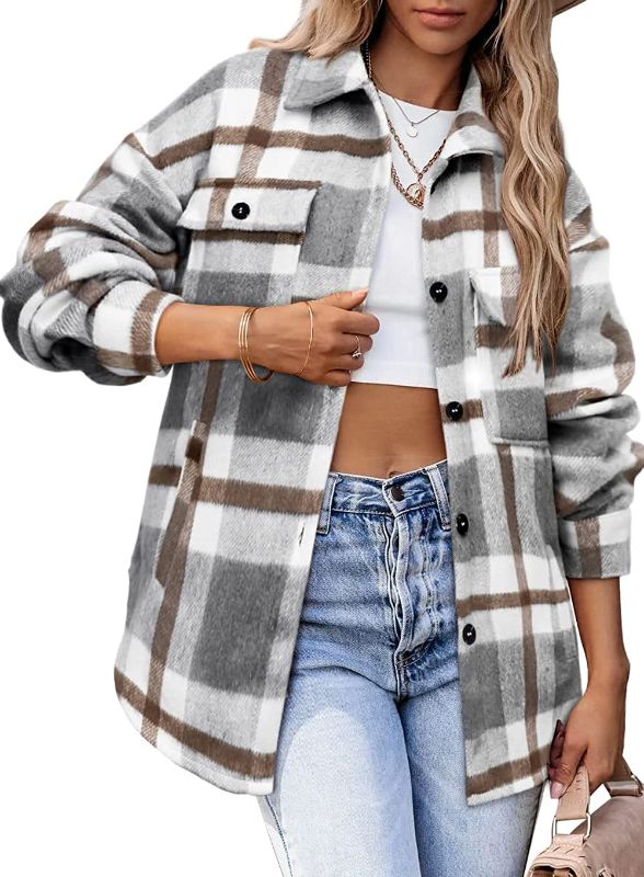 Photo 1 of Beaully Womens Casual Plaid Shackets Brushed Flannel Button Down Pocketed Shirt Jacket Coats
