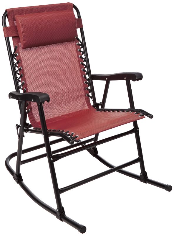 Photo 1 of Amazon Basics Outdoor Textilene Zero Gravity Folding Lounge Rocker with Pillow, Red Red Foldable Rocking Chair