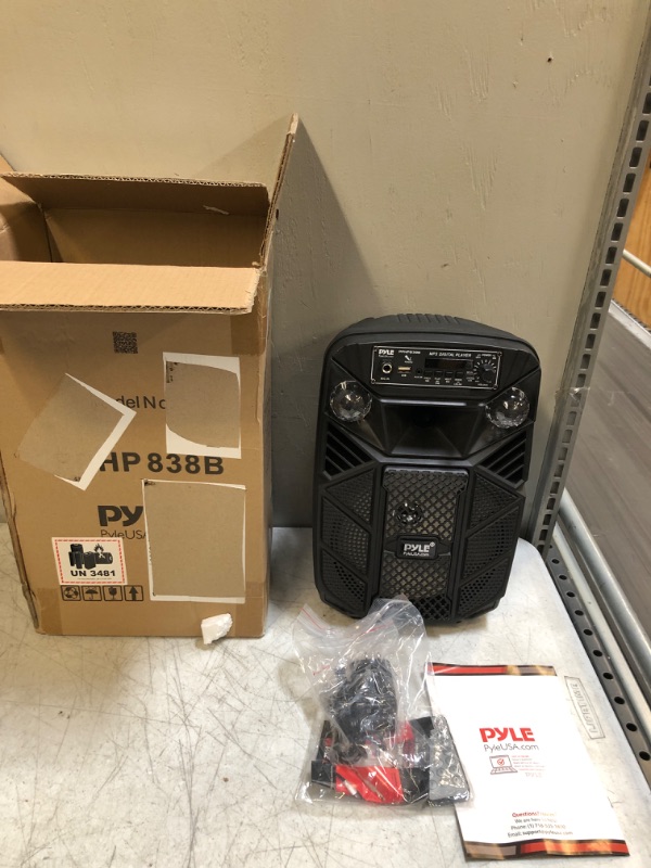 Photo 3 of Portable Bluetooth PA Speaker System - 300W Rechargeable Outdoor Bluetooth Speaker Portable PA System w/ 8” Subwoofer 1” Tweeter, Microphone in, MP3/USB, Radio, Remote - Pyle PPHP838B, Black (UNABLE OT TEST)