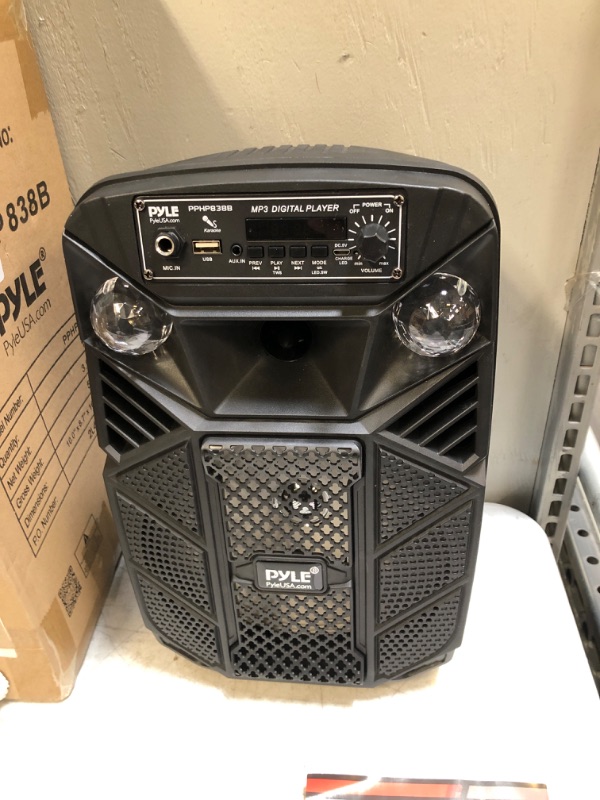 Photo 4 of Portable Bluetooth PA Speaker System - 300W Rechargeable Outdoor Bluetooth Speaker Portable PA System w/ 8” Subwoofer 1” Tweeter, Microphone in, MP3/USB, Radio, Remote - Pyle PPHP838B, Black (UNABLE OT TEST)