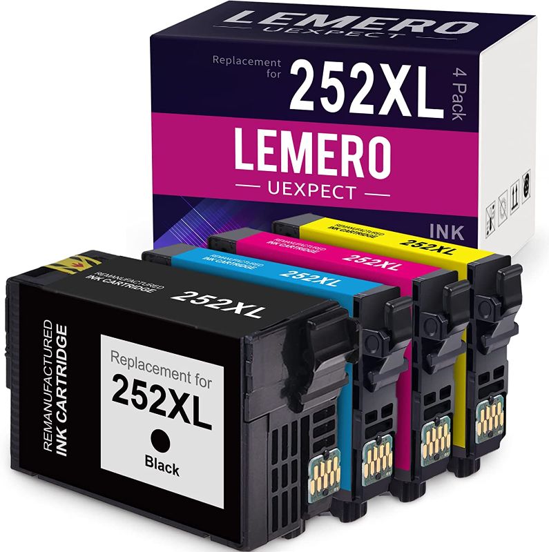 Photo 1 of 252XL LemeroUexpect Remanufactured Ink Cartridge Replacement for Epson 252XL 252 XL T252XL Ink Combo Pack for Workforce WF-3640 WF-7620 WF-7720 WF-3620 WF-7610 Printer Black Cyan Magenta Yellow, 4P

