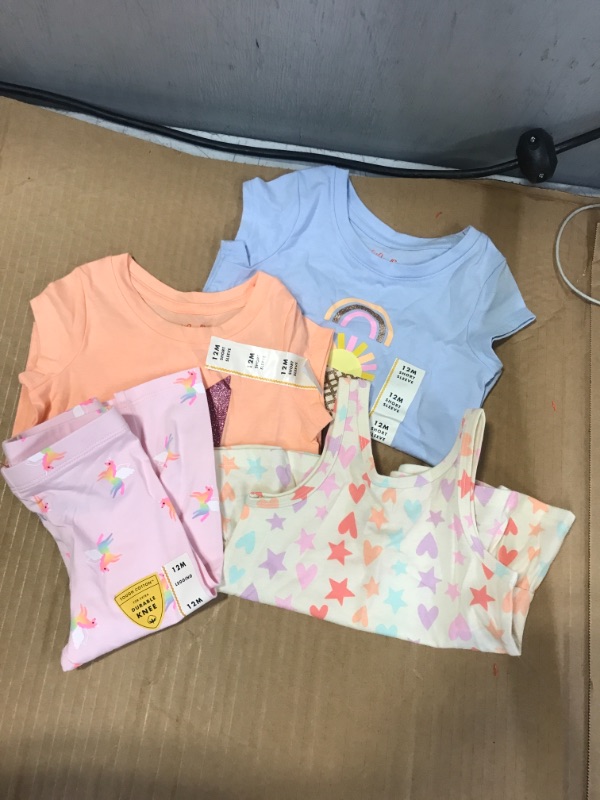 Photo 1 of 12M GIRLS BUNDLE, 1 PAIR OF LEGGINGS, TWO SHORT SLEEVE TOPS, 1 SLEEVELESS TOP