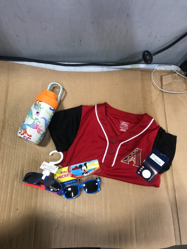 Photo 1 of BOYS BUNDLE, 2 PAIRS OF GLASSES, ONE XS BASEBALL SHIRT BURGUNDY, DINOSAUR WATER BOTTLE 