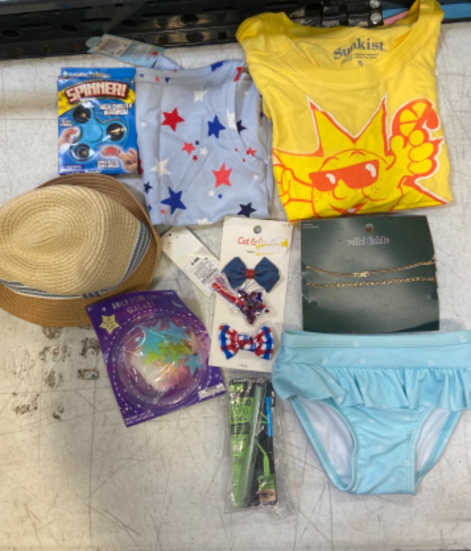 Photo 1 of 9 MISC. ASSORTED ITEMS IN BAG LOT / MAYBELLINE GREEN EYELINER EXP 24M / KIDS TANK TOP 2T / YELLOW TOP SIZE S / TODDLER SWIMWEAR 2T