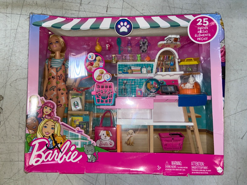 Photo 2 of Barbie Doll (11.5-in Blonde) and Pet Boutique Playset with 4 Pets, Color-Change Grooming Feature and Accessories, Great Gift for 3 to 7 Year Olds / ONLY PACKAGING HAS MINIMAL DAMAGE 