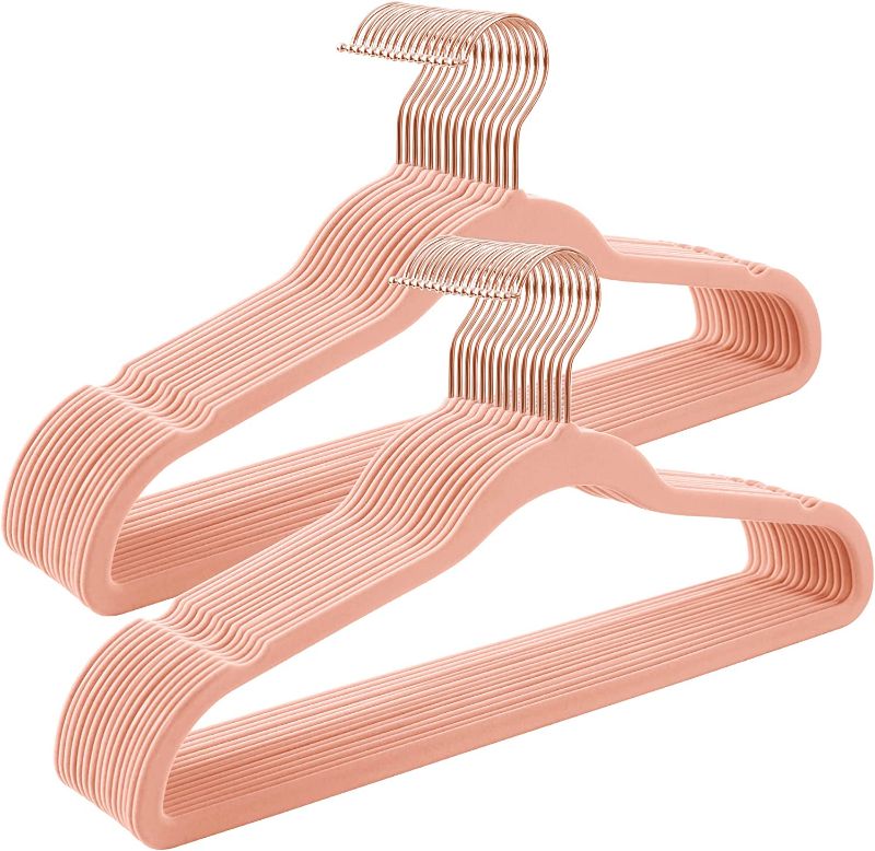 Photo 1 of Velvet Hangers 30 Pack, Non Slip Hangers with Rose Gold Color Swivel Hook, Slim Hangers Space Saving, Velvet Hangers for Closet, Heavy Duty Velvet Hangers, Pink / MISSING ONE HANGER 29 TOTAL 
