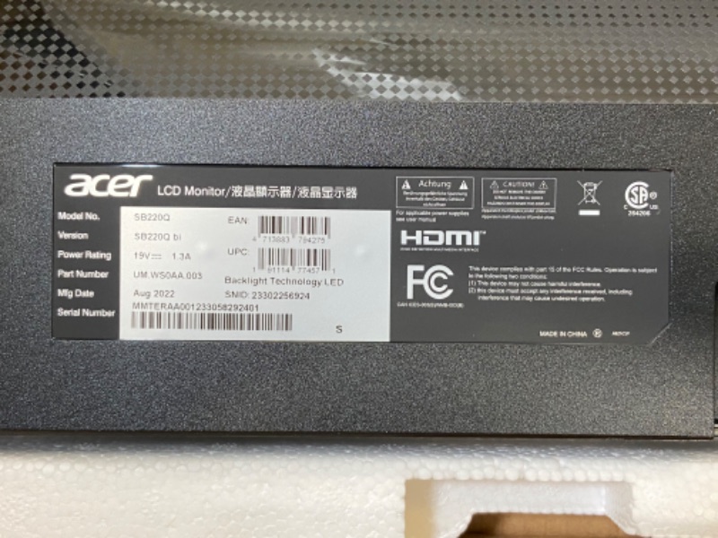 Photo 1 of Acer SB220Q Bi 21.5' Full HD (1920 X 1080) IPS Ultra-Thin Zero Frame Monitor (HDMI & VGA Port) / ONLY PACKAGING HAS MINIMAL DAMAGE 

