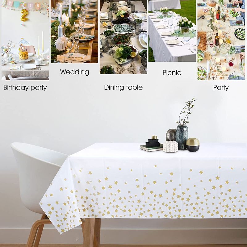 Photo 1 of 2PCK LCPCX 3-PIECE Disposable Plastic Rectangle Tablecloth,Fitted Table Clothes for 6 Foot and 8 Foot Tables,Gold Star Pattern Party Decorations,54x108 Inch,White (Golden Star) (9 TOTAL) 
