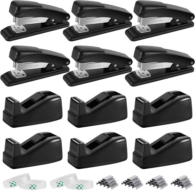 Photo 1 of 24 Pcs Stapler and Tape Dispenser Set, 6 Staplers for Desk, 6 Boxes of Staples, 6 Desk Tape Dispensers, 6 Rolls of White Tapes for Office School Home()
