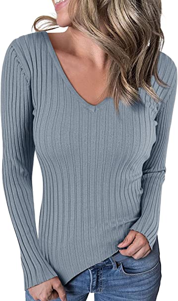 Photo 1 of Ephanny Women's Rib Pullover Sweater Classic Elastic Solid Color Long Sleeve V-Neck Sweaters - SIZE UNKNOWN
