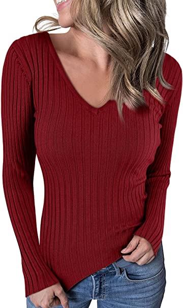 Photo 1 of Ephanny Women's Rib Pullover Sweater Classic Elastic Solid Color Long Sleeve V-Neck Sweaters - SIZE UNKNOWN
