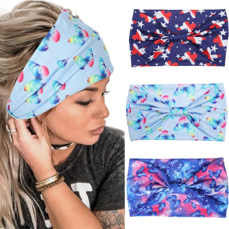 Photo 1 of EYSL Boho Headband for Women Butterfly Headwrap Hair Bands Bandana Stretch Wide American Flag Turban Accessories Girls 3Pcs, Multi-colored, One Size
