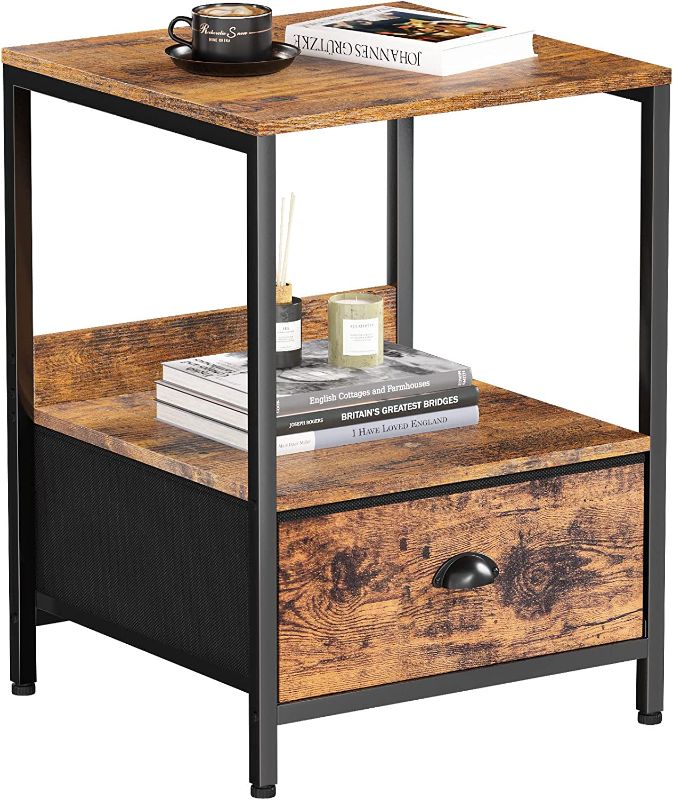 Photo 1 of Furologee Nightstand with Drawer, End Table with Storage Shelf, Industrial Side Sofa Table, Bedside Accent Furniture Metal Frame Easy Assembly for Living Room/Bedroom/Hallway, Rustic Brown
