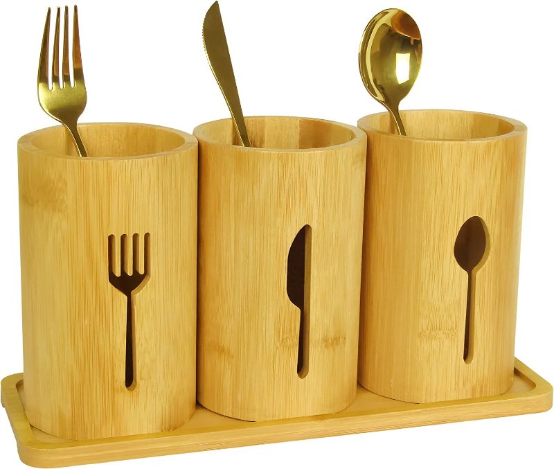 Photo 1 of 365Home Bamboo Silverware Organizer Countertop, Flatware Caddy, Bamboo Utensil Holder for Party, Kitchen Table, Farmhouse
