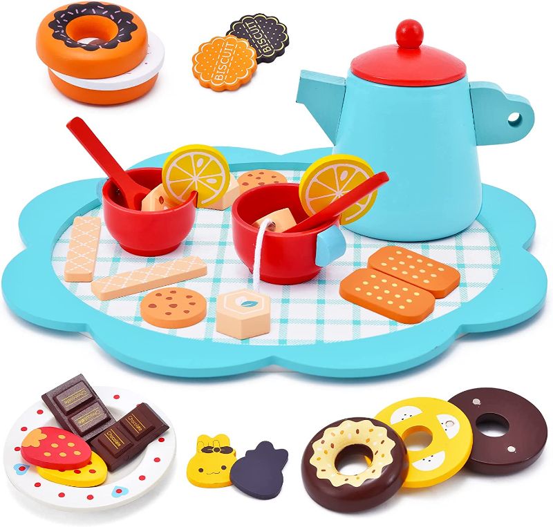 Photo 1 of Atoylink 33 Pcs Wooden Tea Set for Little Girls Toddlers Toy Tea Party Sets Kids Pretend Play Kitchen Accessories Cute Play Food Birthday Gift (Blue) ** FACTORY SEALED 
