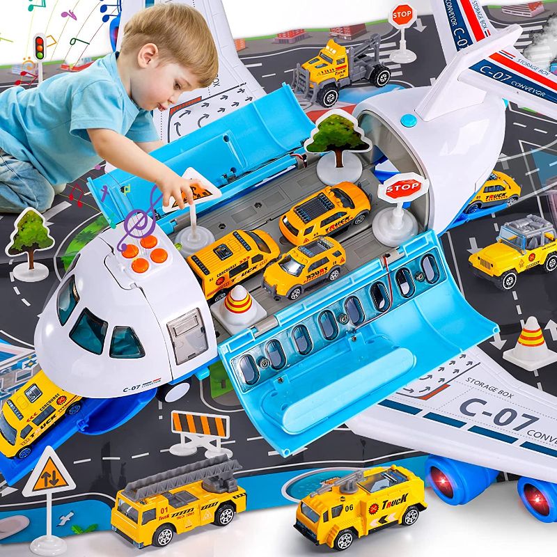Photo 1 of Bennol Spray Airplane Toys for Boys, Large Transport Cargo Airplane with 6 Construction Vehicle 10 Road Signs 1 Play Mat, Plane Toy with Lights Sounds, for Boys Age 3 4 5 6
