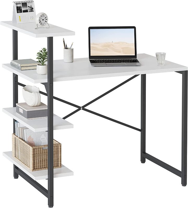 Photo 1 of CubiCubi Small Computer Desk with Shelves 40 Inch, Home Office Desk, Study Writing Office Table, 3 Tier Shelf, White
