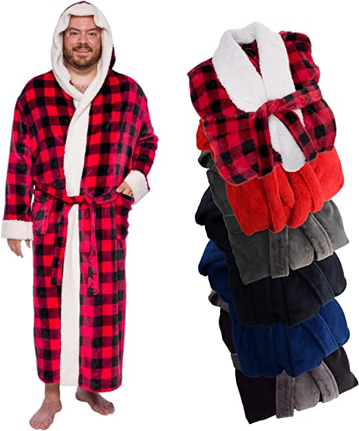 Photo 1 of Ross Michaels Mens Robe Big & Tall with Hood - Long Buffalo Plaid Plush Sherpa Lined Bathrobe with Shawl Collar (Red SIZE SMALL MEDIUM 
