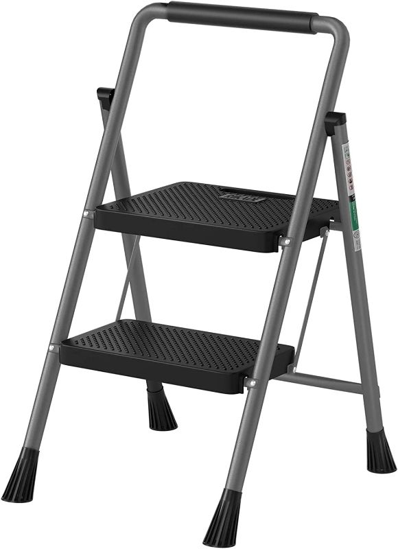 Photo 1 of 2 Step Ladder, RIKADE Folding Step Stool, Step Stool with Wide Anti-Slip Pedal, Lightweight, Portable Folding Step Ladder with Handgrip, Multi-use Steel Ladder for Household and Office
