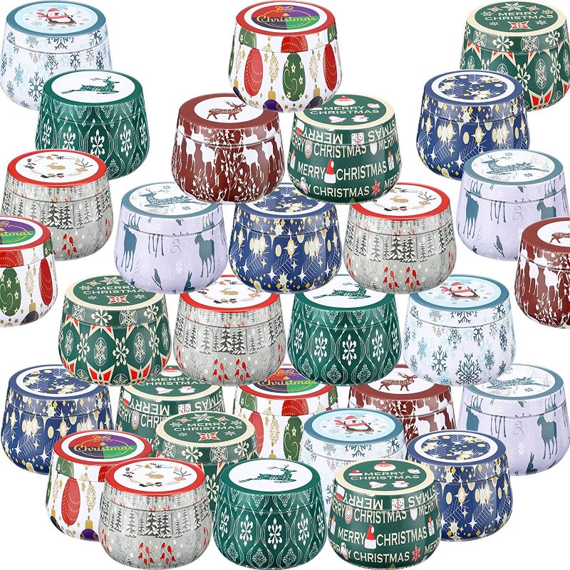 Photo 1 of 36 Pieces Christmas Candle Tin Cans Set Small Candles Tin Gifts Jars with Lids Salve Tins, 2.2 oz, Candle Containers for Christmas Making Candles Mini Candles Party Favors DIY(Novel Style)
