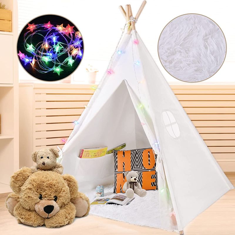 Photo 1 of Lammyner Kids Teepee Tent, Foldable Kids Tent with Furry Mat & Fairy Light String & Carry Case, White Natural Cotton Canvas Play Tent Indoor, Tipi Tent for Girls & Boys, Washable Tent for Kids Outdoor
