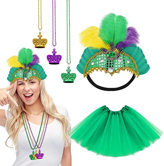 Photo 1 of Jutom 5 Pcs Mardi Gras Costume Set for Women Includes Carnival Feather Headpiece, Green Tulle Tutu Skirt and 3 Metallic Bead Necklaces for Adult Girls Party Favors Accessories