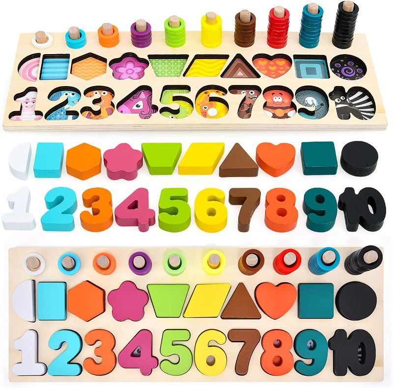 Photo 1 of Atoylink Wooden Number Puzzles for Toddlers Montessori Toys Color Shape Sorter Counting Game Preschool Learning Activities Educational Toys for 2 3 4 Year Old Kids Boys Girls Gifts