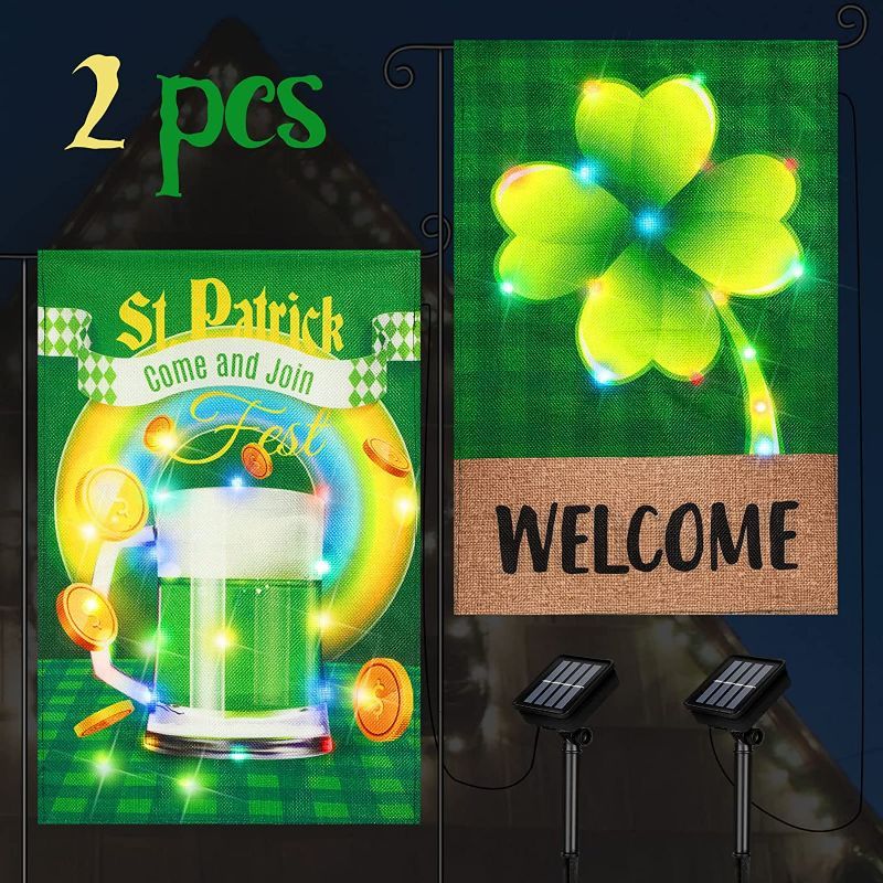 Photo 1 of 2 Pcs St Patricks Day Garden Flag Beer Shamrock LED Lighted Welcome Buffalo Plaid Yard Outdoor Decoration 18.5 x 12.6 Inch Double Sided Irish Flag St Patricks Day Decorations Spring Holiday Yard Flags
