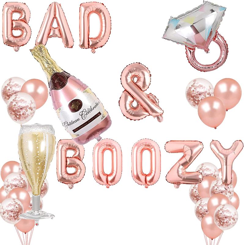 Photo 1 of Bad And Boozy Balloons Rose Gold Bach and Boozy Party Banner Bachelorette Engagement Hen Party Decor Bridal Shower Wedding Themed Party Supplies Decorations Photo Booth Props
