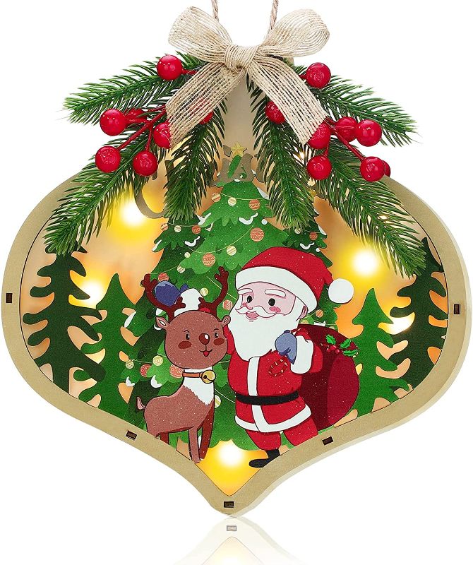 Photo 1 of 11 Inch Christmas LED Wreath Door Sign Snowman Santa Claus Wooden Hanging Sign Battery Operated Door Sign with Pine Berry Bow Knot Decoration for Xmas Outdoor Indoor Home Window Holiday (Heart)
