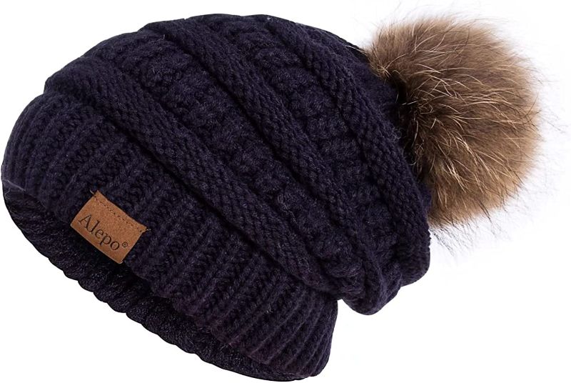 Photo 1 of Alepo Winter Beanie Hat for Women, Real Fur Pom Pom Slouchy Chunky Knit Warm Fleece Lined Thermal Soft Ski Cap
