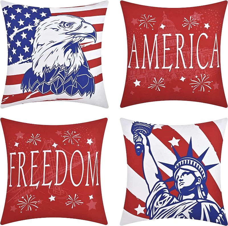 Photo 1 of 4th of July Throw Pillow Covers, Independence Patriotic Throw Cushion Covers American Flag Pillow Case for Independence Day Sofa Couch Bedroom Home Decor, 18 x 18 Inches
