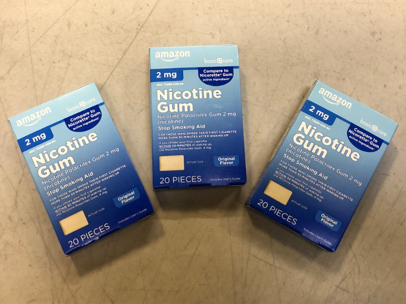 Photo 2 of Amazon Basic Care Nicotine Polacrilex Uncoated Gum 2 mg (nicotine), Original Flavor, Stop Smoking Aid; quit smoking with nicotine gum, 20 Count 2mg Original 20 Count (Pack of 3) --- EXP 06/2023